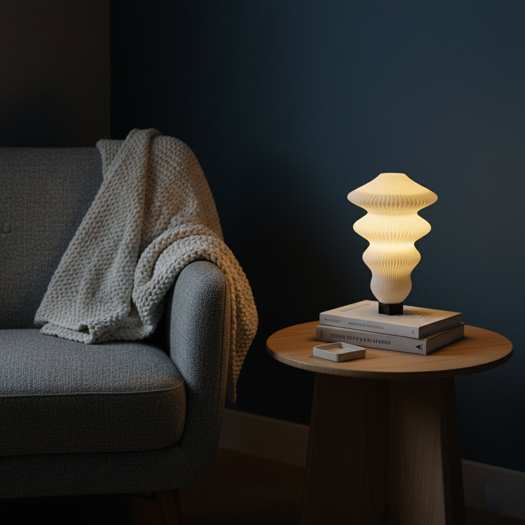 Modern lamp on a side table next to a gray sofa with a blanket draped over it.