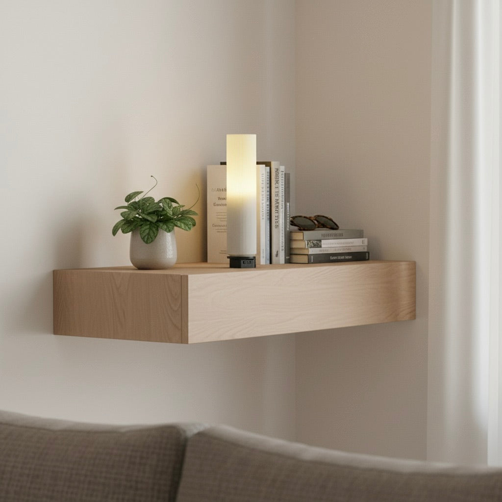 Wooden shelf with books and a plant against a plain wall