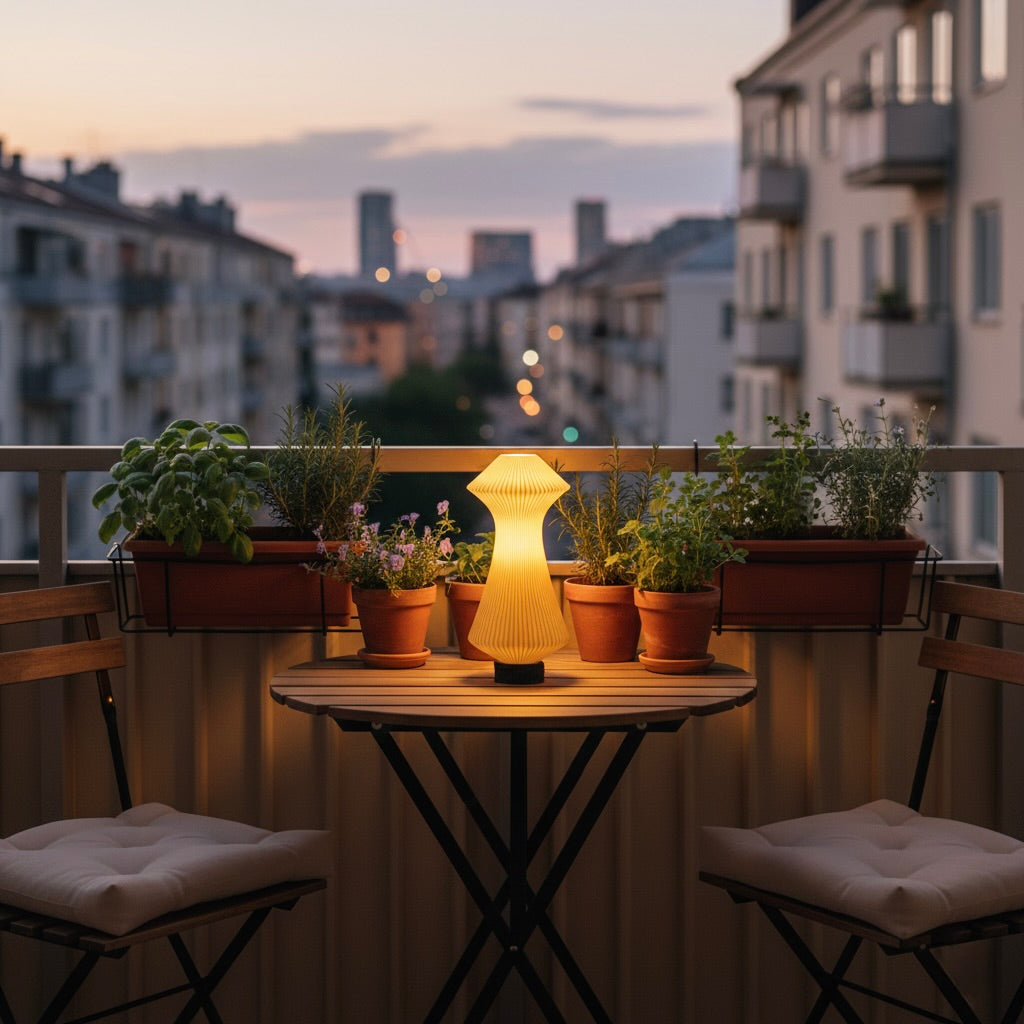 Balcony with a small table, potted plants, and a lamp at dusk.