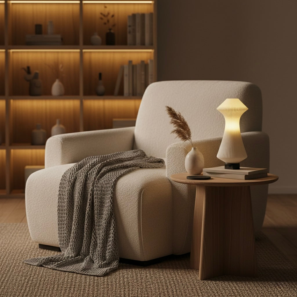 Beige armchair with a side table and lamp in a cozy living room setting.