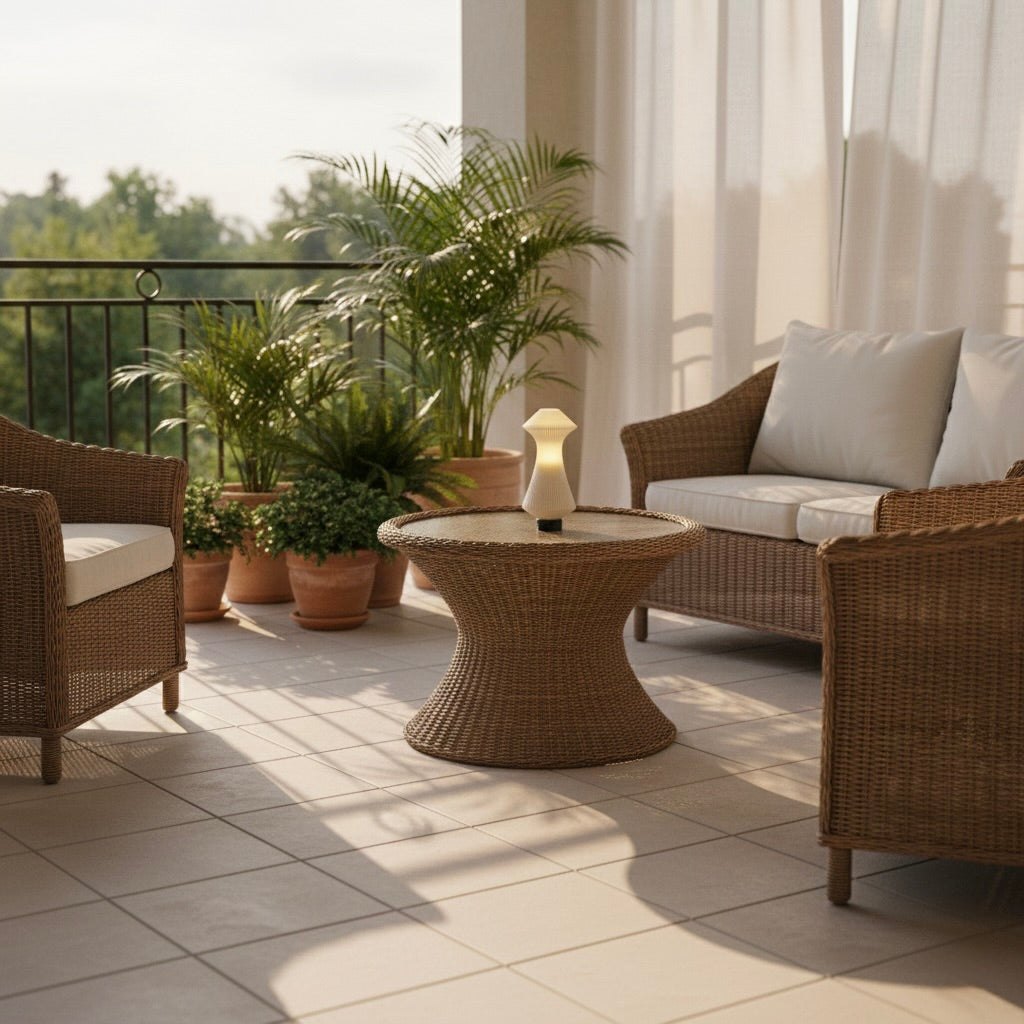 Outdoor patio with wicker furniture, table, and potted plants on a tiled floor.