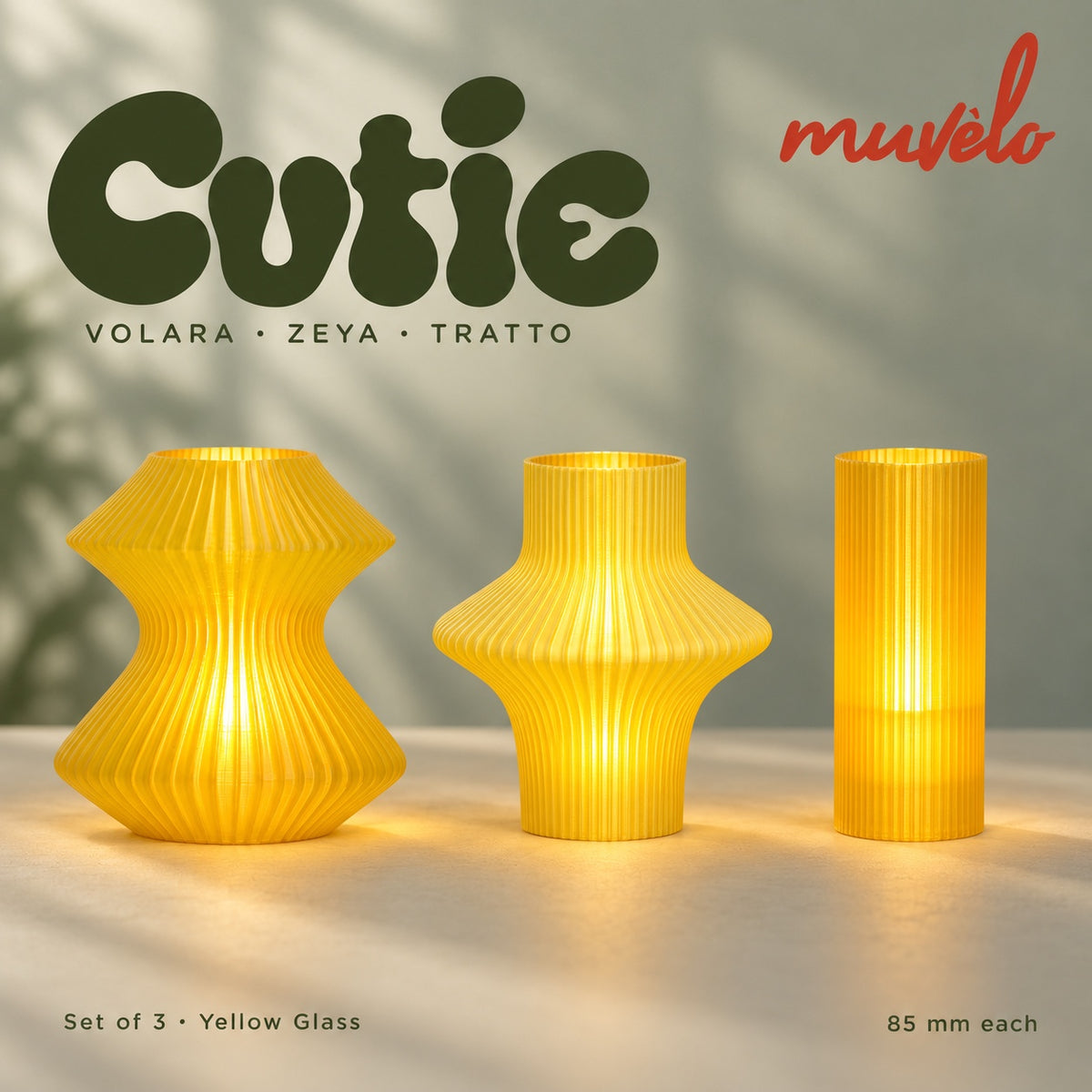 Muvèlo Cutie set of three in Yellow Glass: Volara, Zeya, Tratto, all illuminated and shown together.