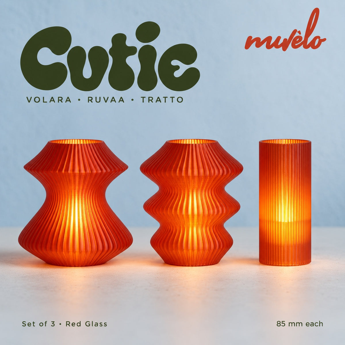 Muvèlo Cutie set of three in Red Glass: Volara, Ruvaa, Tratto, all illuminated and shown together.