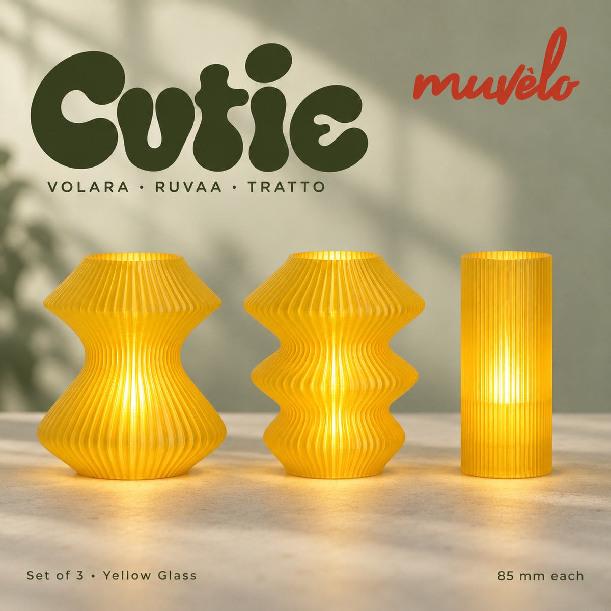 Muvèlo Cutie set of three in Yellow Glass: Volara, Ruvaa, Tratto, all illuminated and shown together.