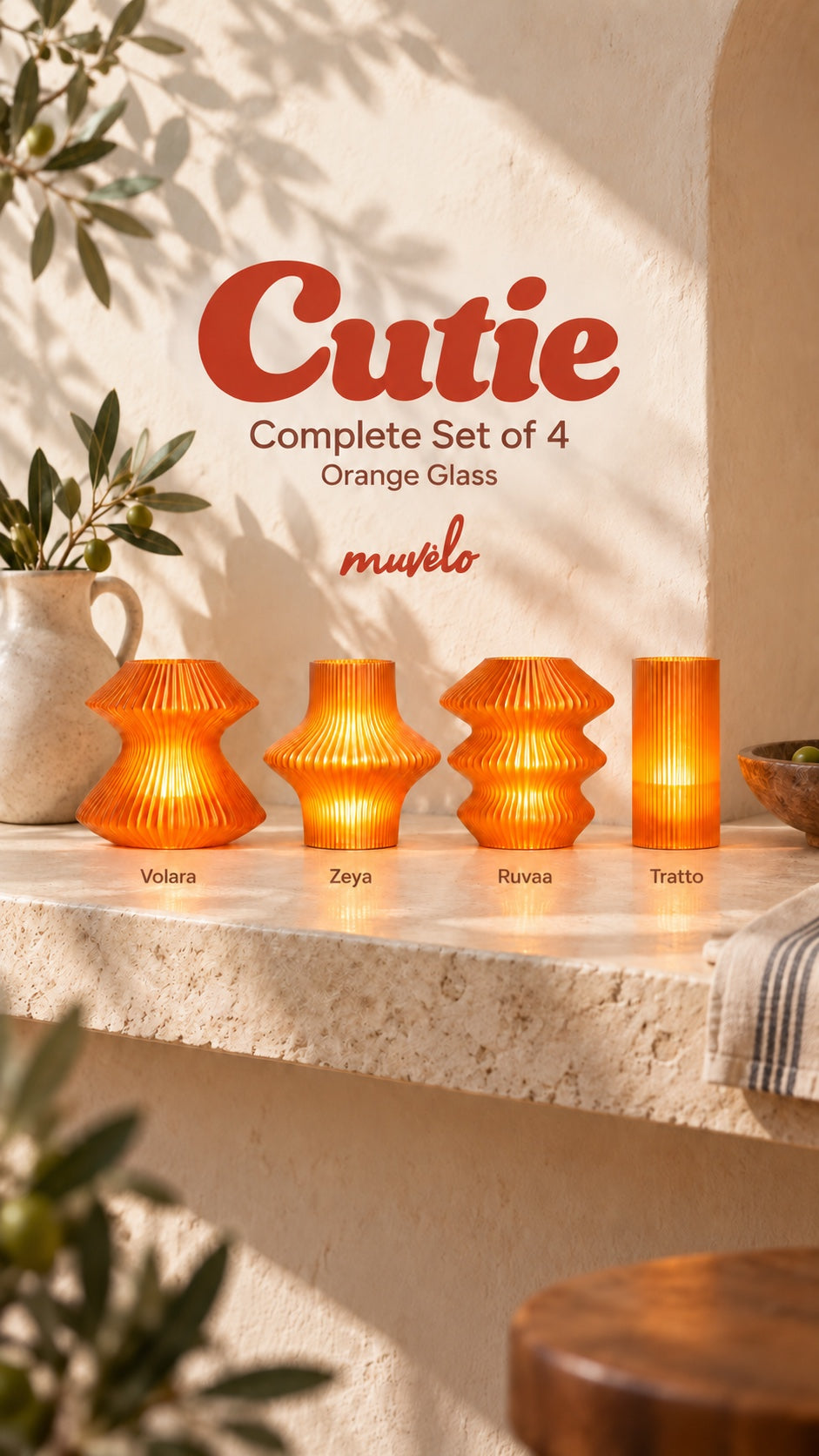 Cutie Orange Glass Complete Set of 4, four illuminated sculptural mini lamps styled at home.
