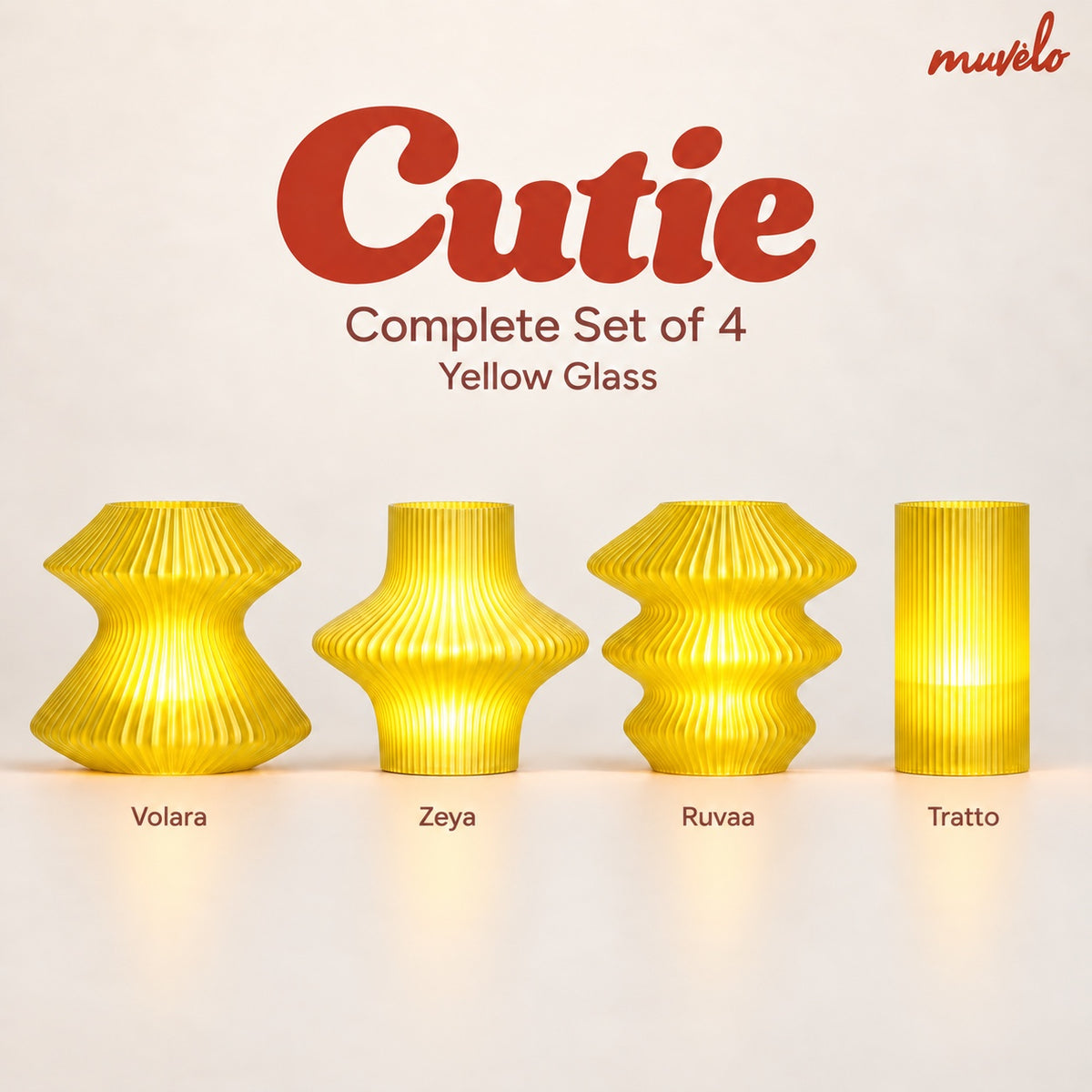 Muvèlo Cutie Complete Set of 4 in Yellow Glass: Volara, Zeya, Ruvaa and Tratto, all illuminated.