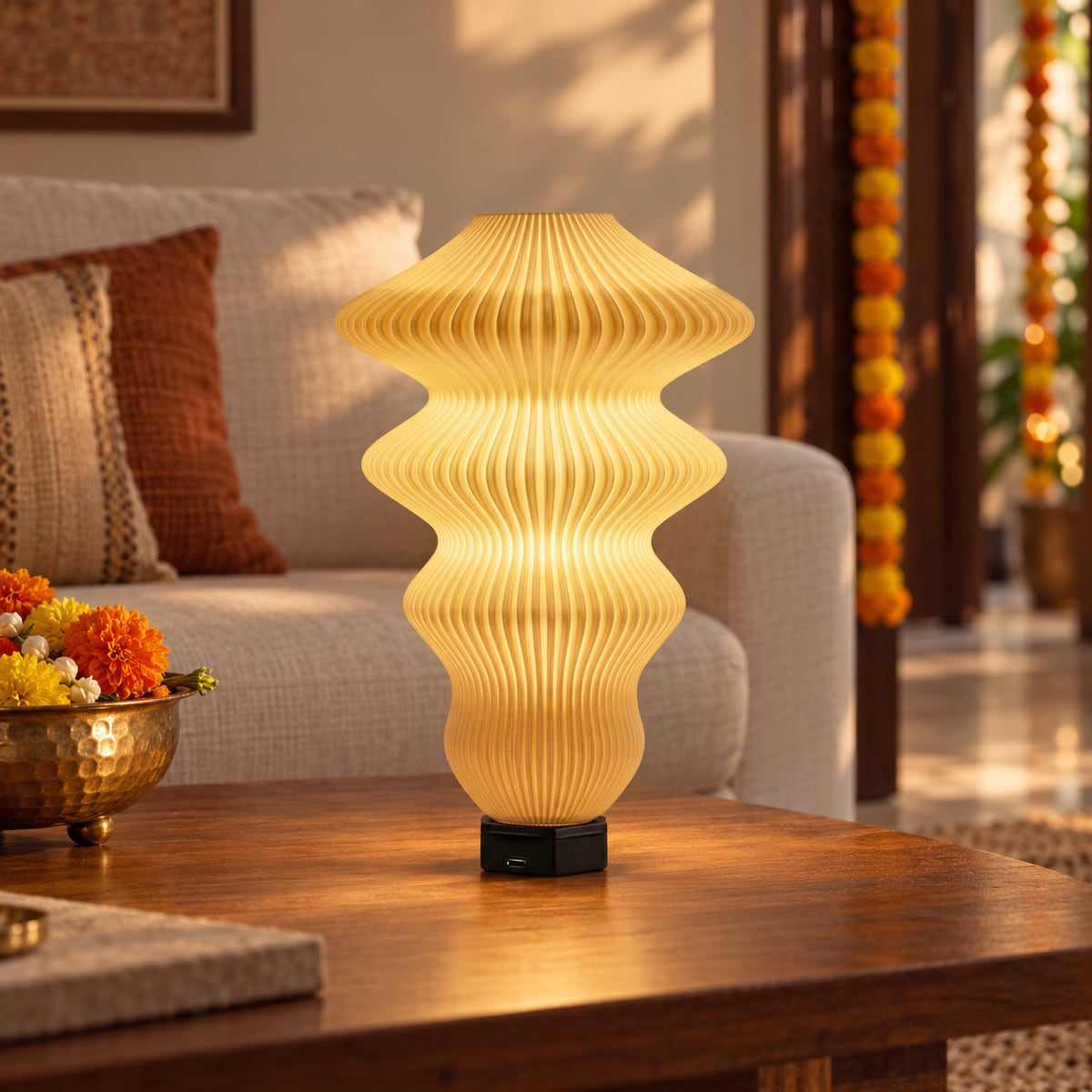 Ruvaa Max Butter lamp glowing on a surface in a Diwali setting with marigolds and festive home details.