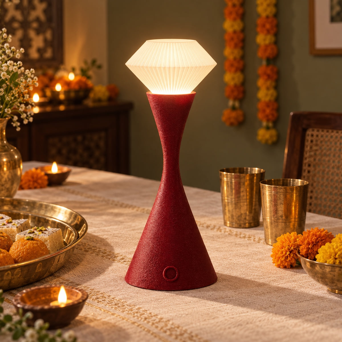 Maroon Vela with a warm white pleated shade on a Diwali dinner table.