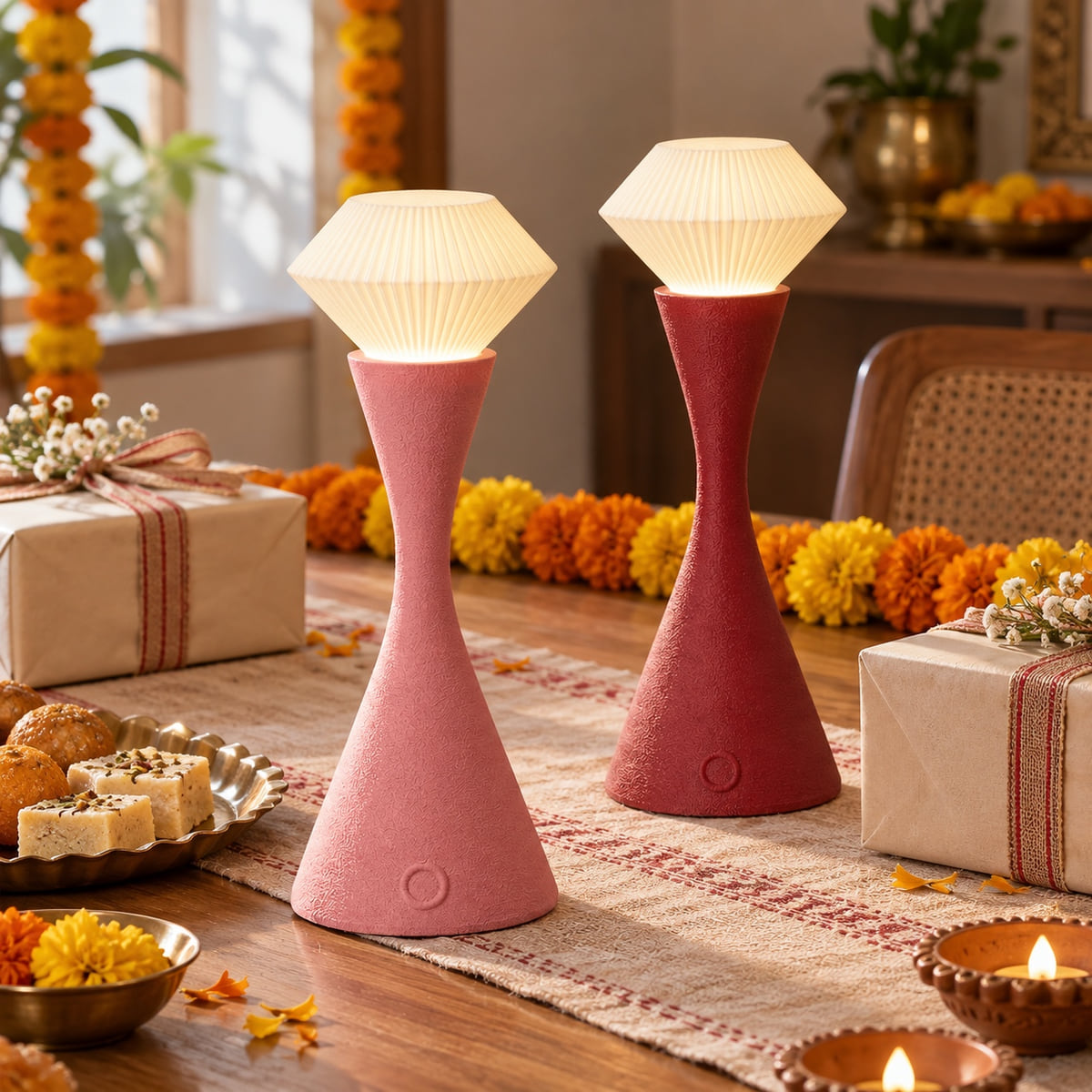 Pink and maroon Vela lamps glowing beside wrapped Diwali gifts.