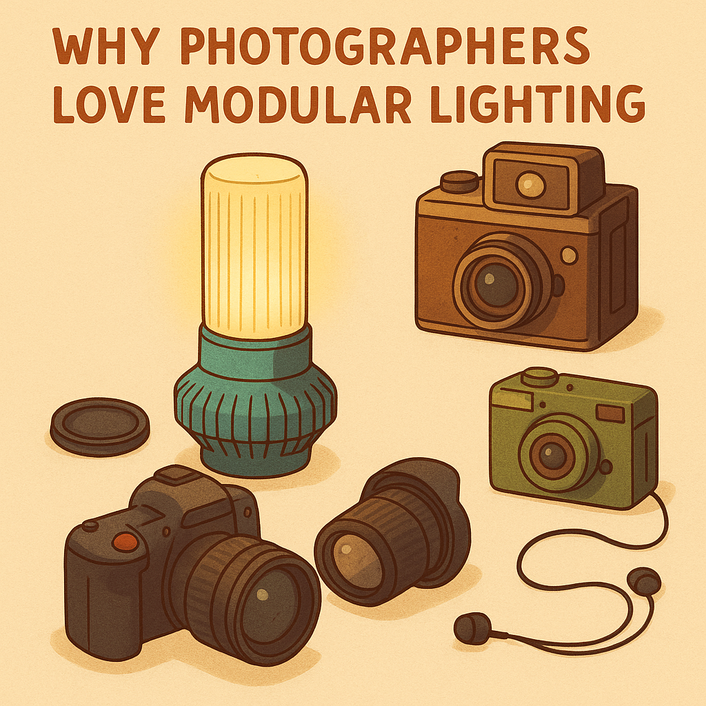 Ghibli-style digital illustration showing a modular Vaari light surrounded by various camera equipment including DSLR cameras, vintage cameras, lenses, and earphones. The scene emphasizes the connection between modular lighting and photography setups