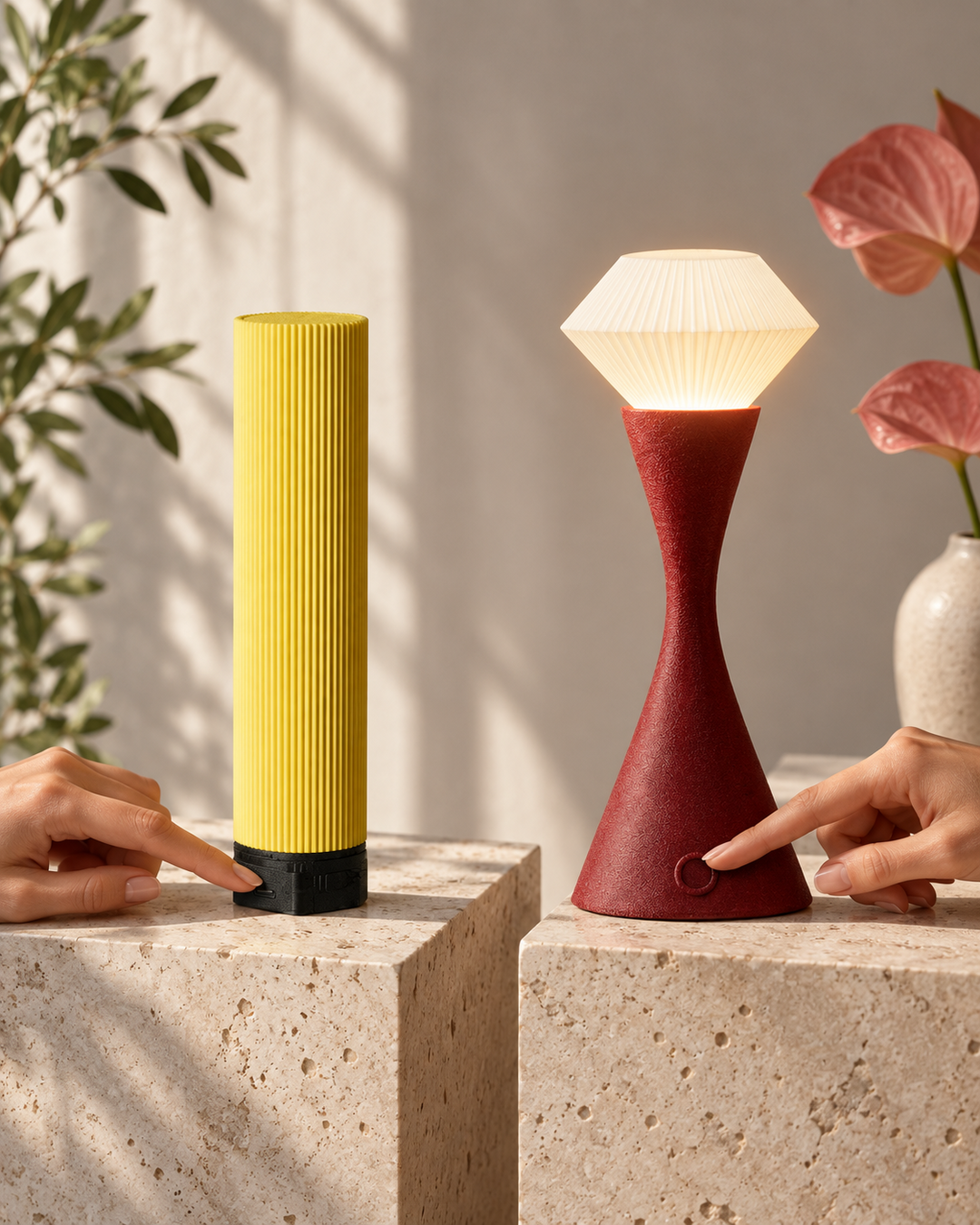 Tratto button control lamp and Vela touch control lamp shown with hands using each control