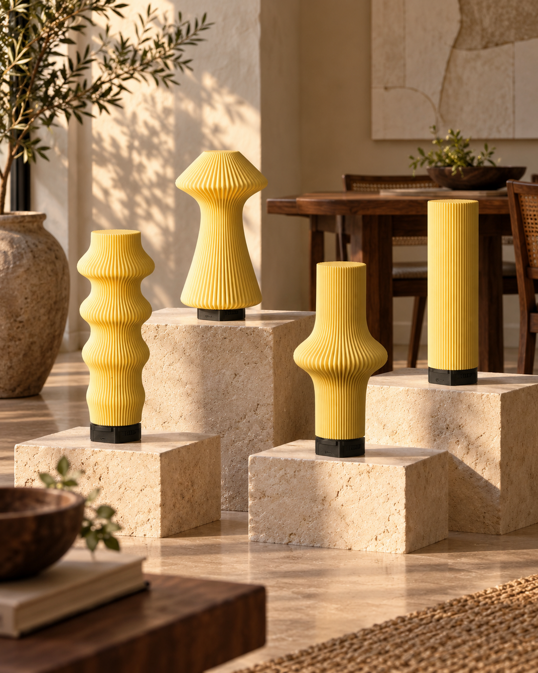 Ruvaa, Volara, Zeya and Tratto Muvèlo portable lamps compared in a warm modern interior