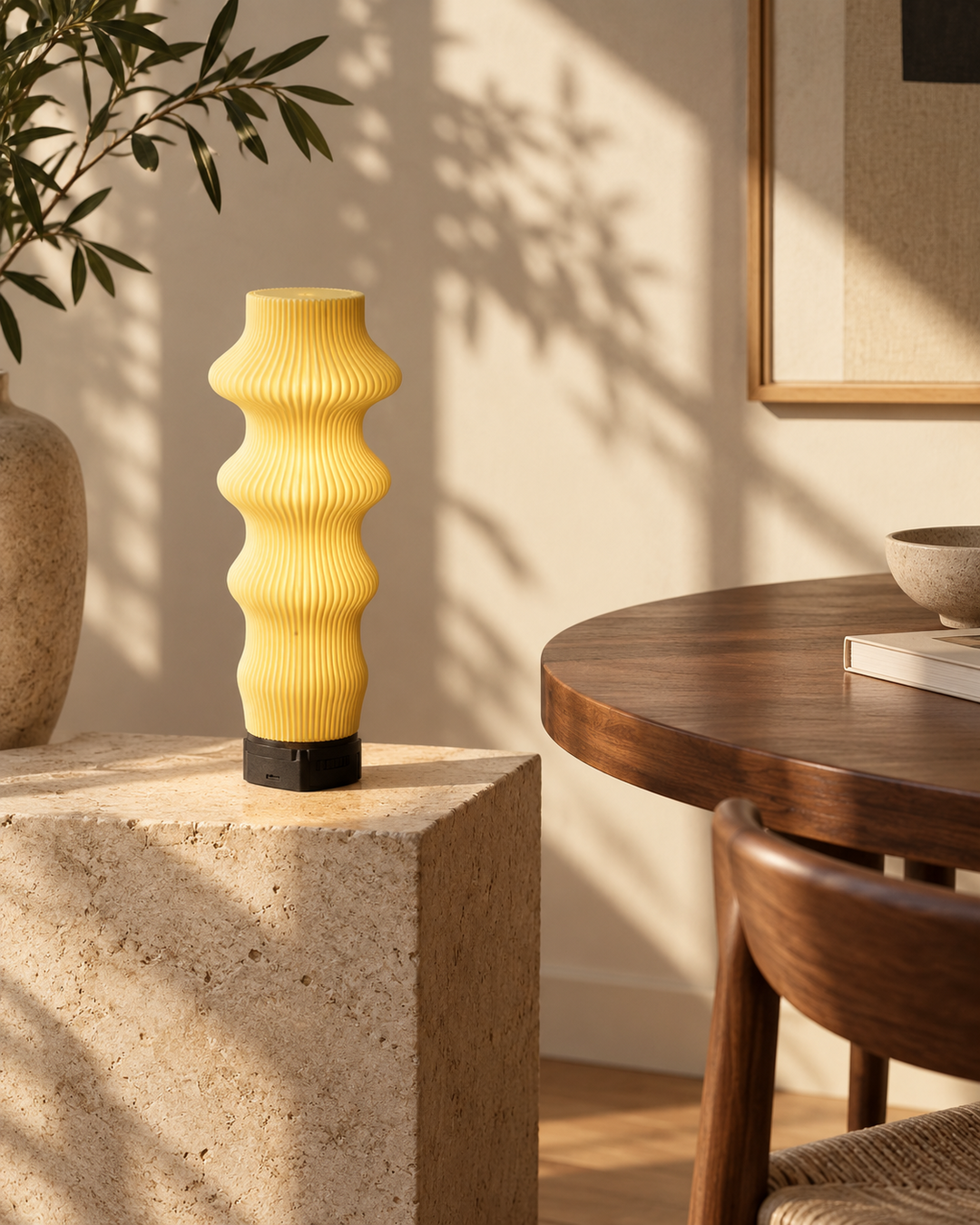 Ruvaa Butter rechargeable lamp showing its wave-like ribbed form beside a dining table