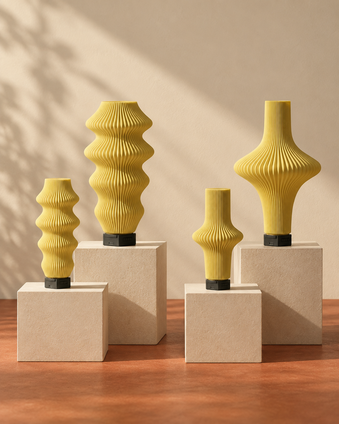 Ruvaa and Zeya small and Max lamp pairs compared on individual plinths