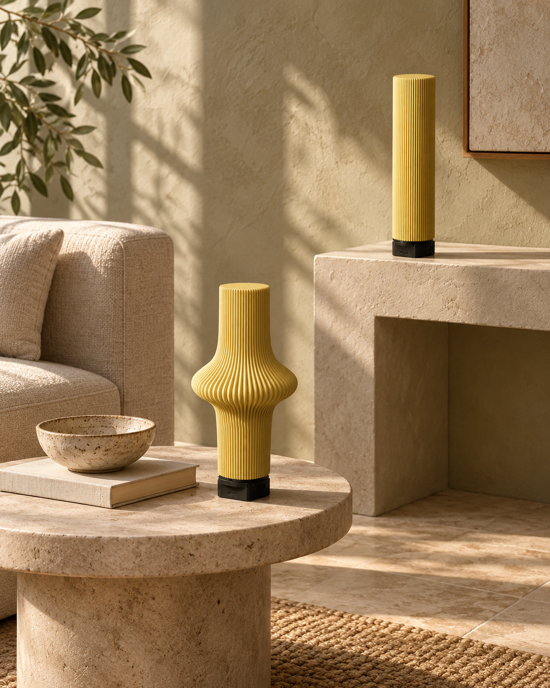 Tratto and Zeya Butter sculptural lamps styled with minimal objects in a calm living room