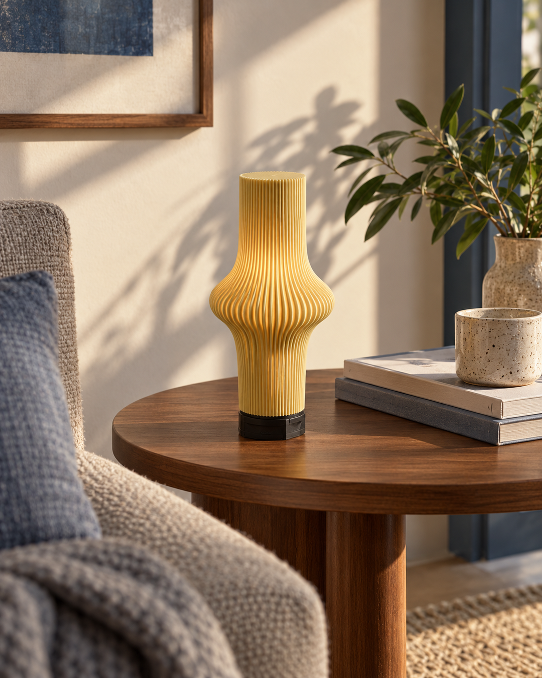 Zeya Butter compact rechargeable lamp on a round wooden side table