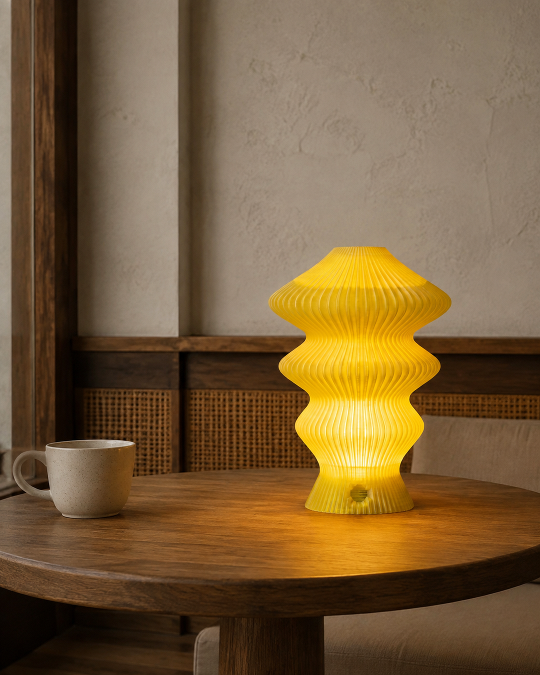 Yellow Muvèlo Ruvaa Mono showing warm ambient light on a café table