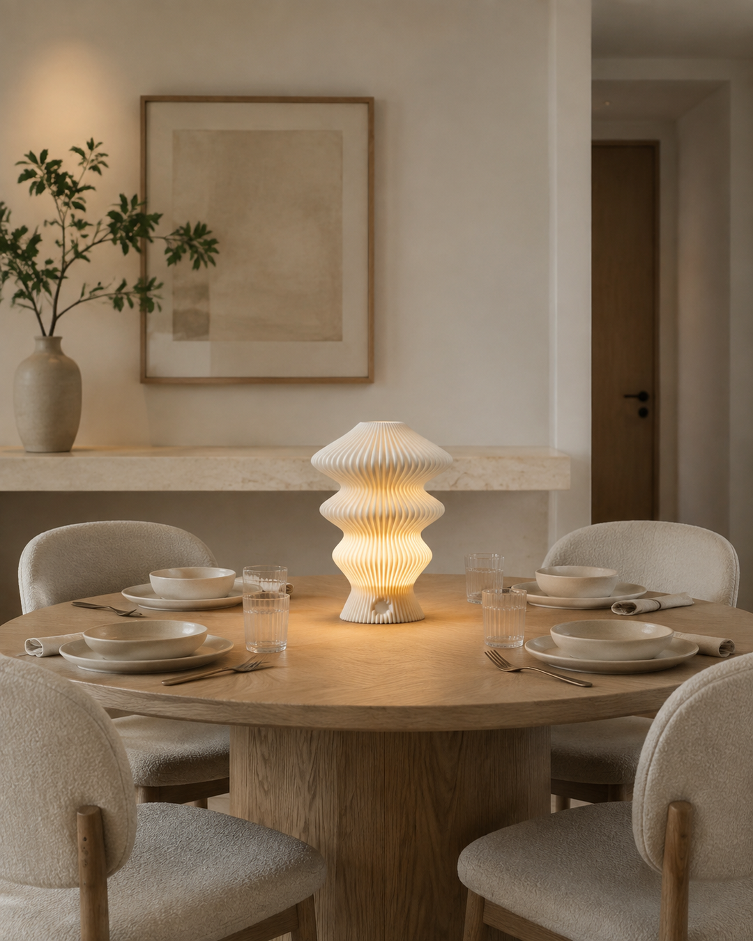 White Muvèlo Ruvaa Mono creating calm layered ambient light on a dining table