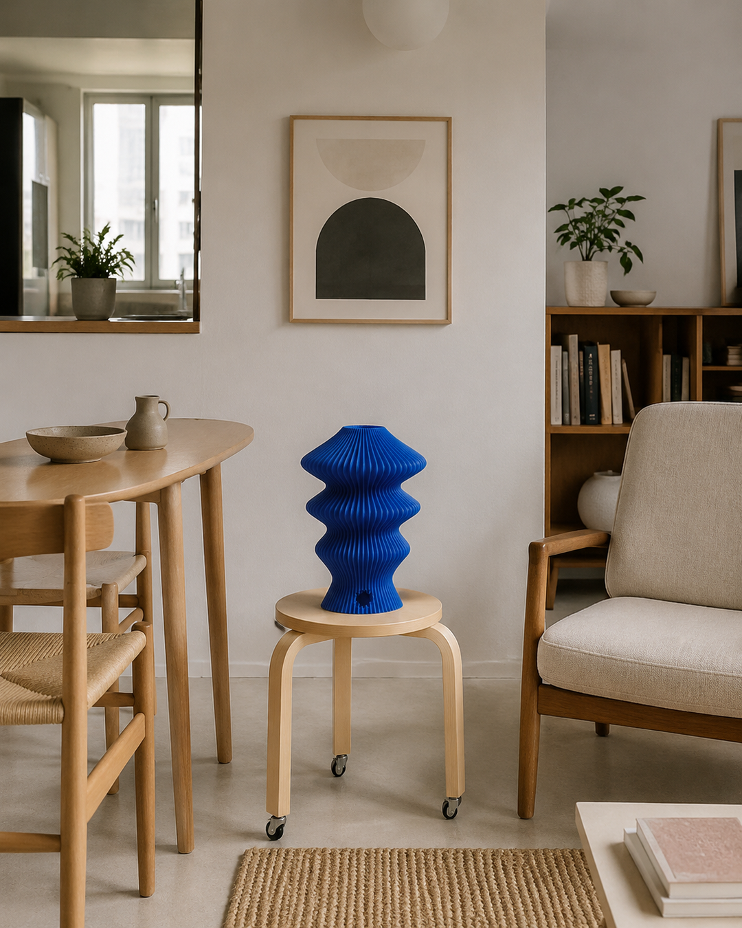 Blue Muvèlo Ruvaa Mono on a movable stool in a compact apartment
