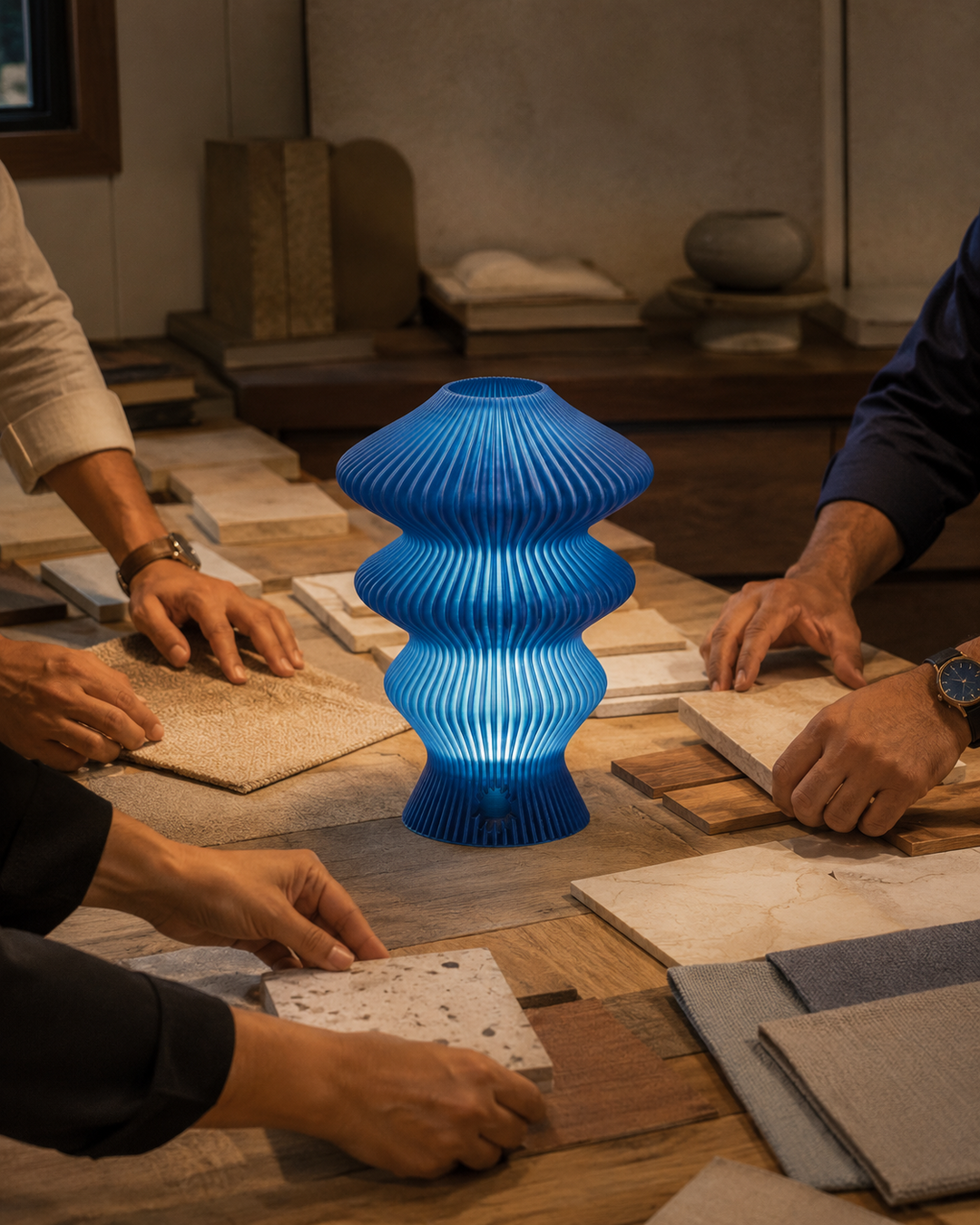 Blue Muvèlo Ruvaa Mono glowing on a creative team material table