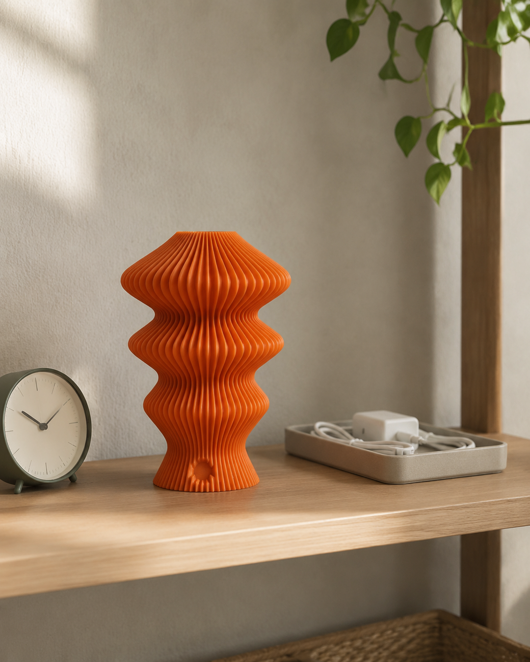 Orange Muvèlo Ruvaa Mono on a dry ventilated shelf with charging accessories