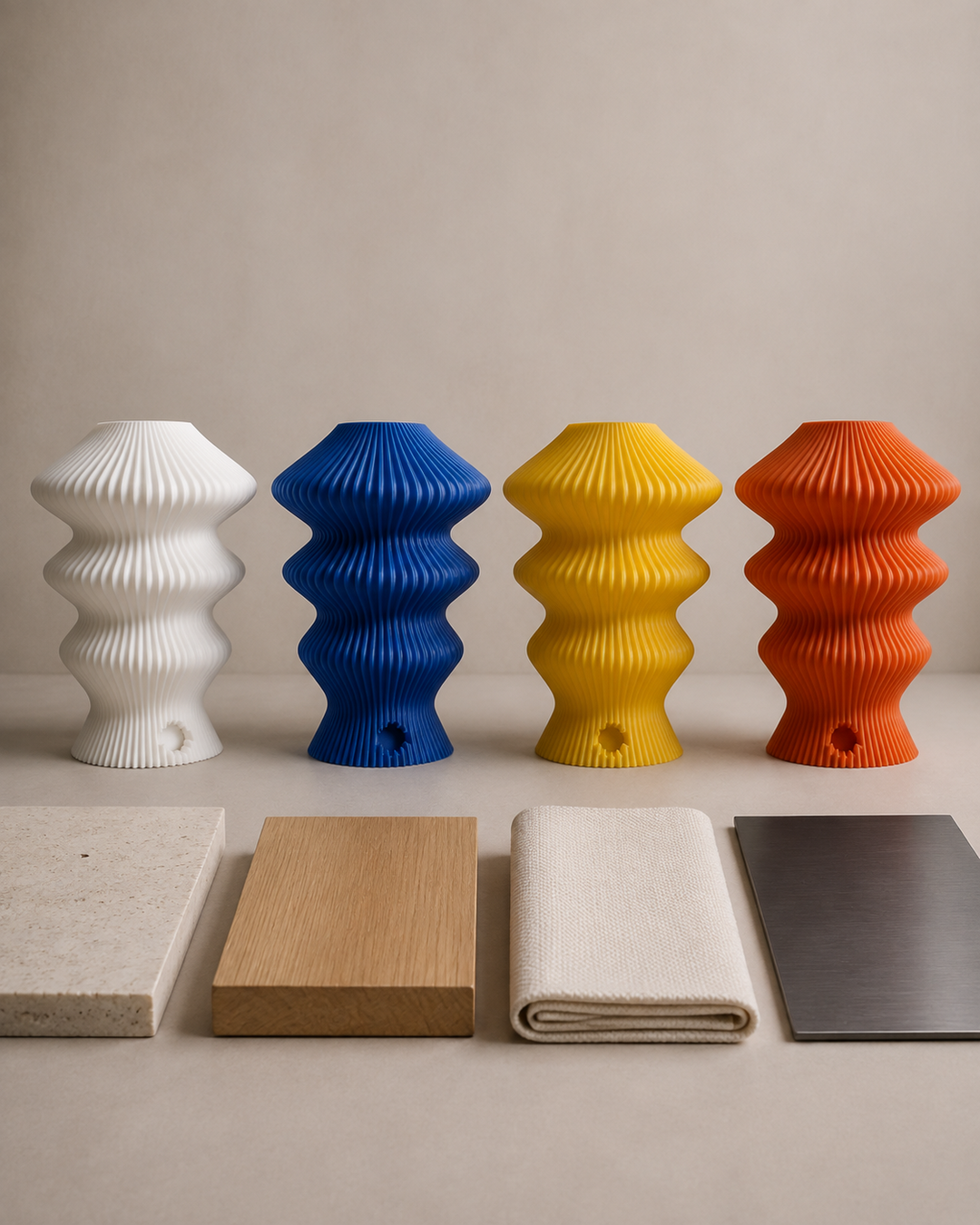 Four Muvèlo Ruvaa Mono lamp colours beside wood stone textile and metal samples