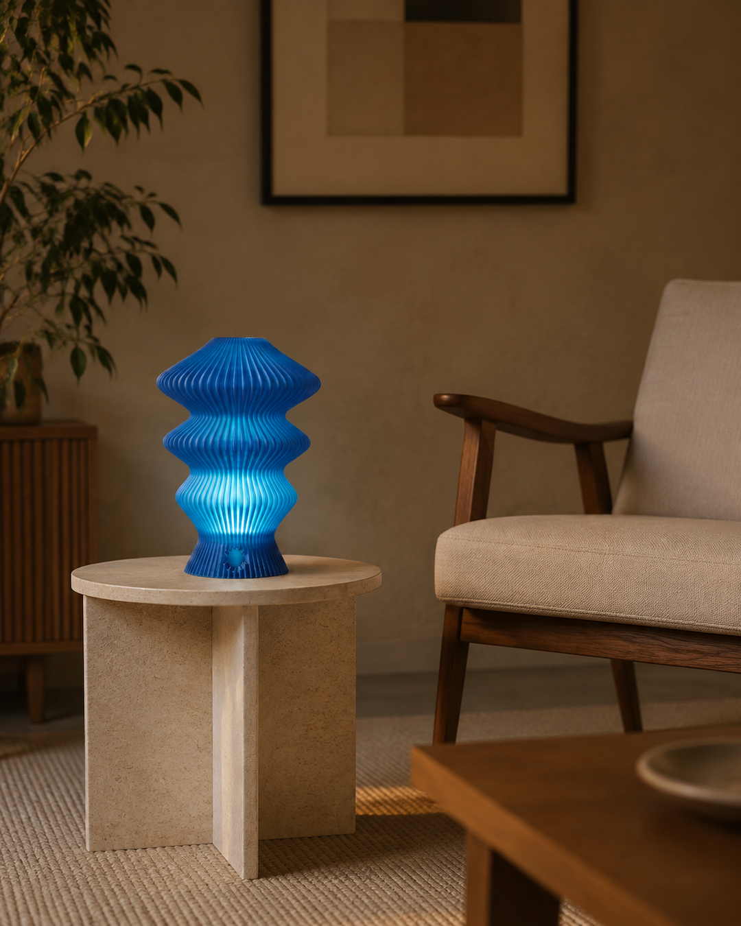 Blue Muvèlo Ruvaa Mono portable lamp glowing on a living room side table