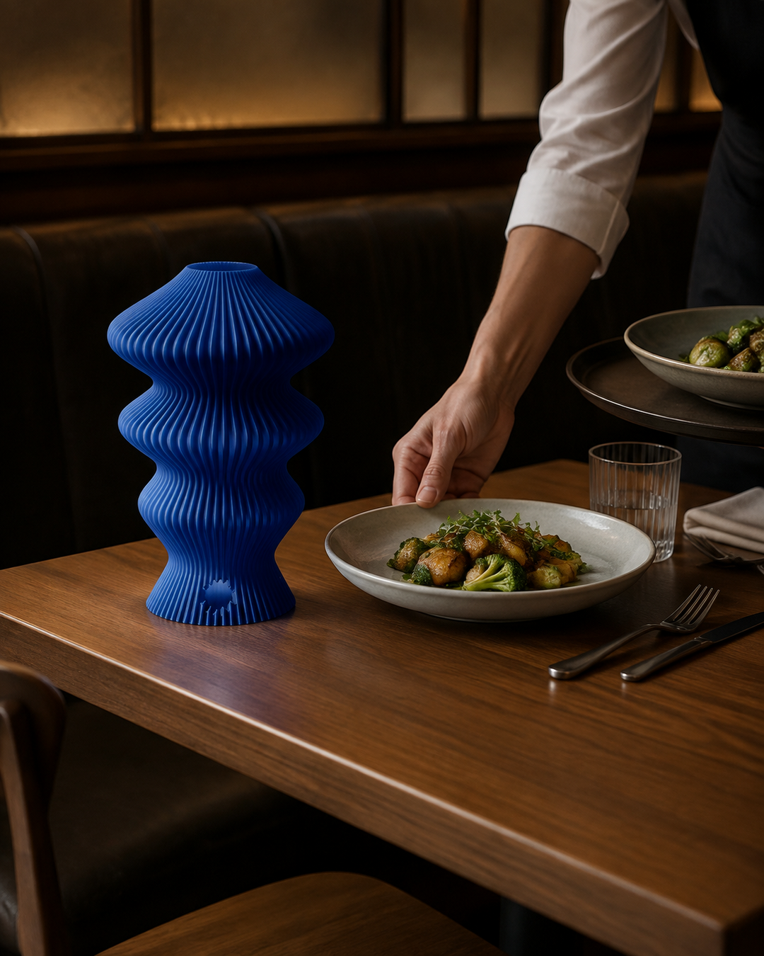 Blue Muvèlo Ruvaa Mono placed clear of restaurant table service movement