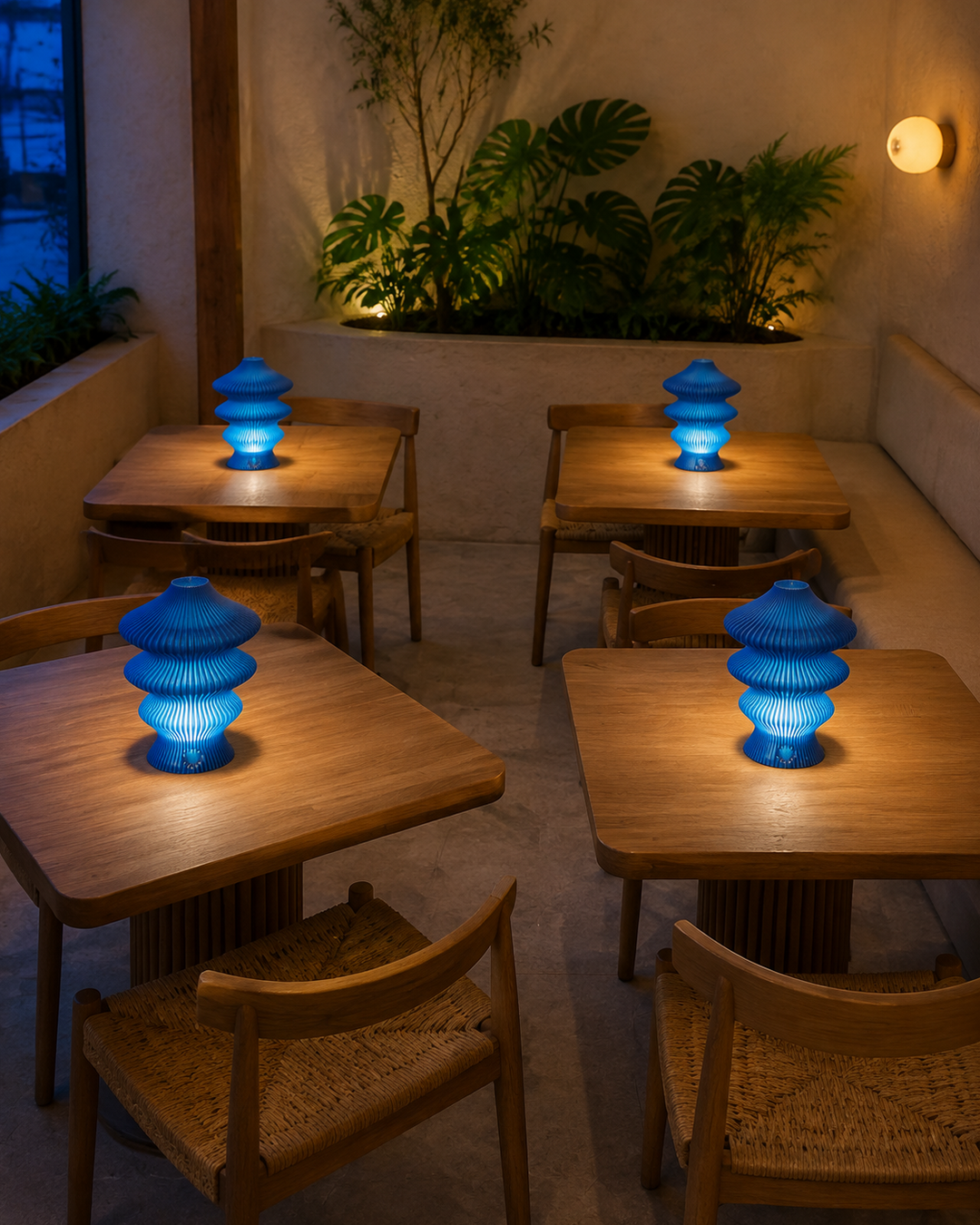 Four blue Ruvaa Mono portable table lamps arranged across café tables
