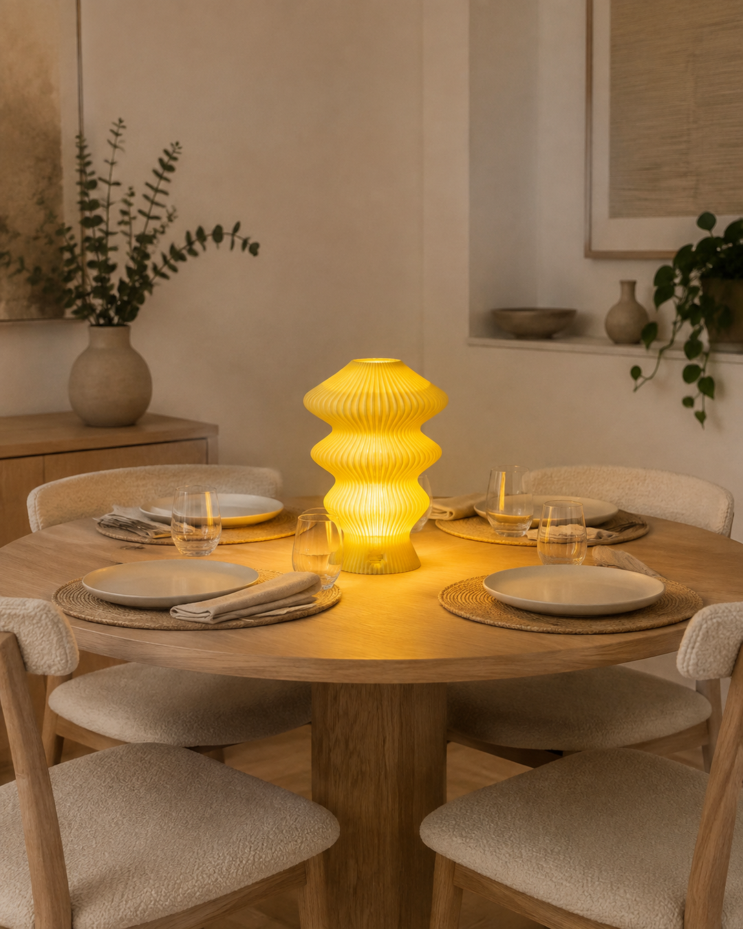 Yellow Muvèlo Ruvaa Mono centred on a round dining table with clear sightlines