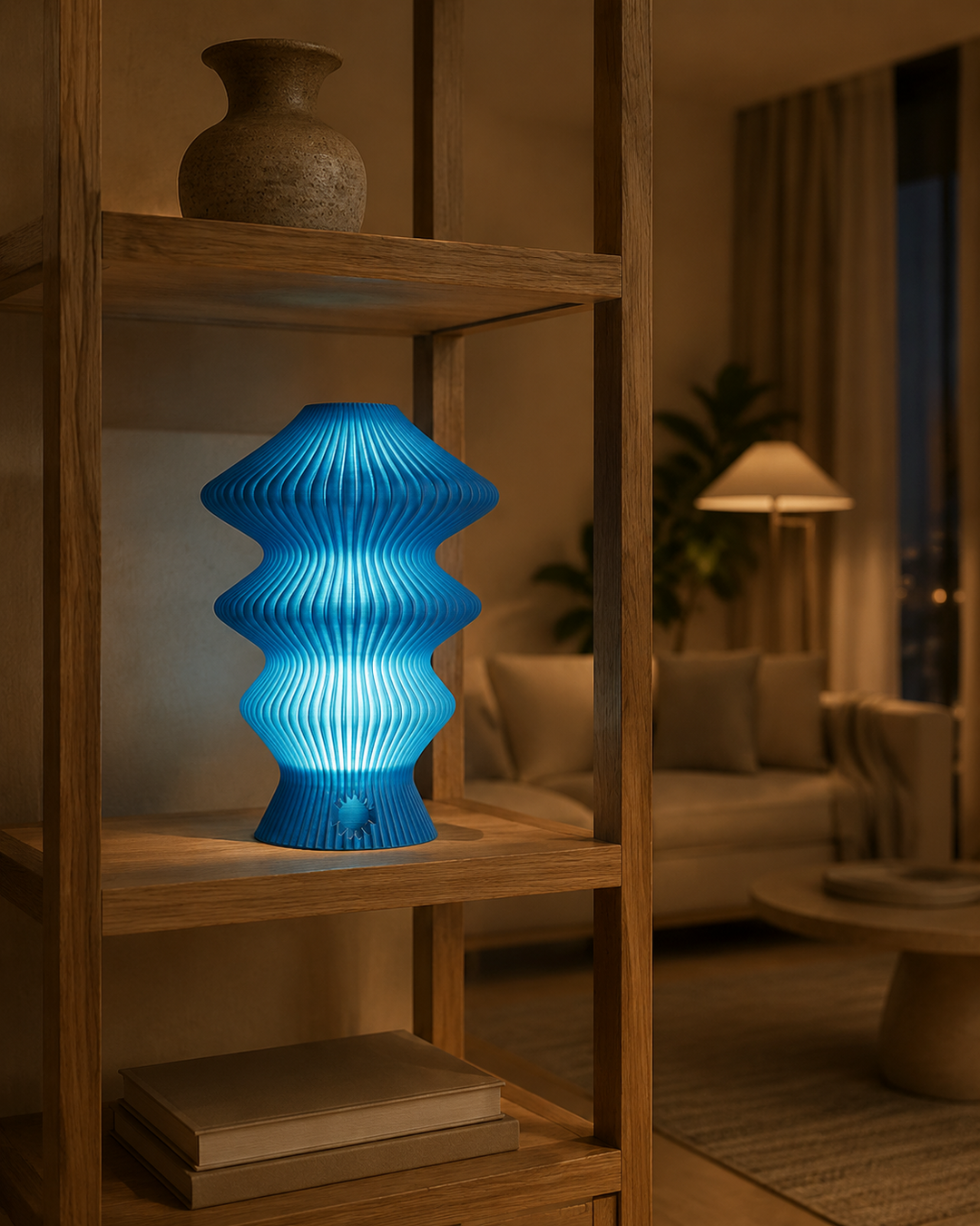 Blue Muvèlo Ruvaa Mono glowing on an open wooden display shelf