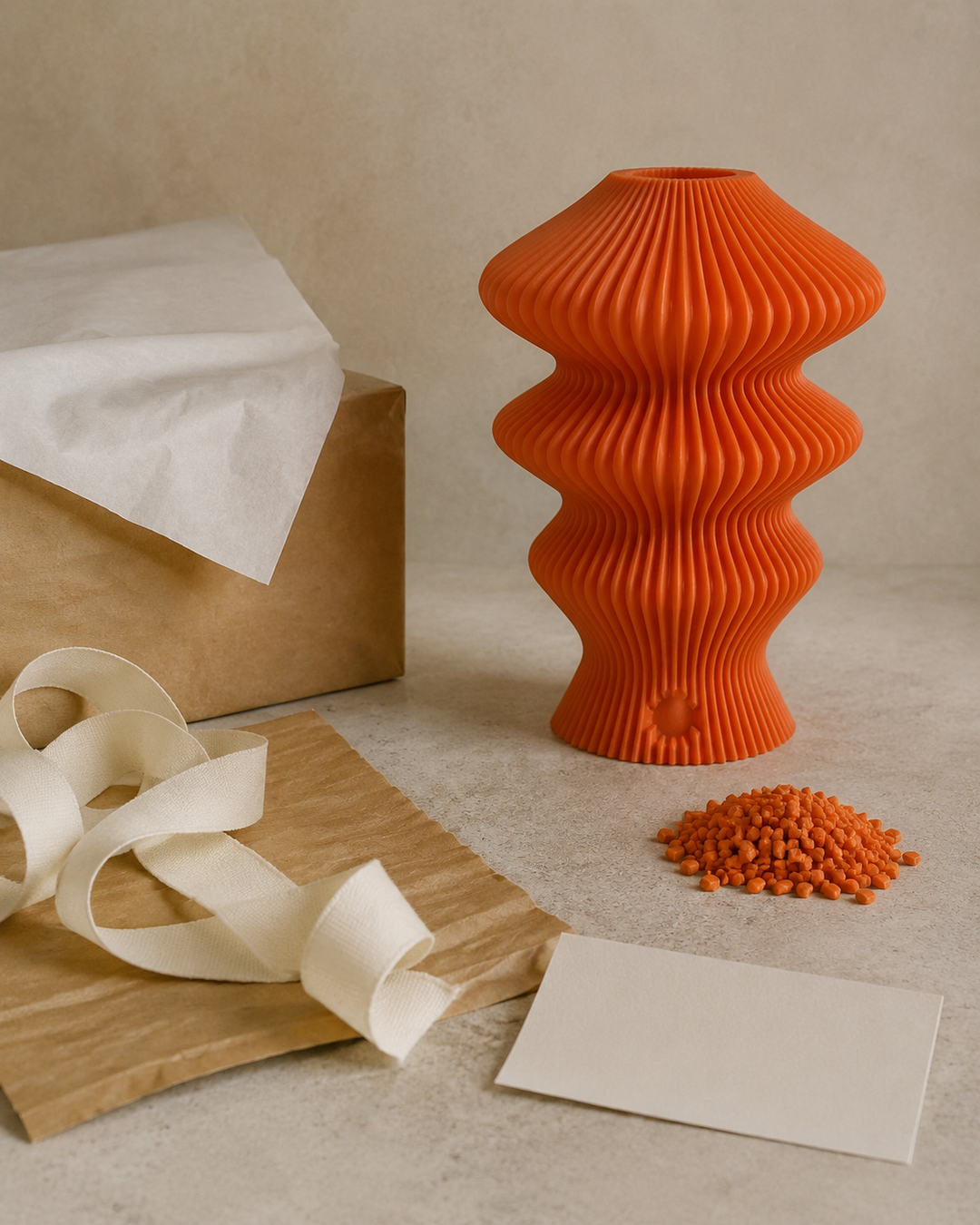 Orange Muvèlo Ruvaa Mono beside PLA paper and cotton gift materials