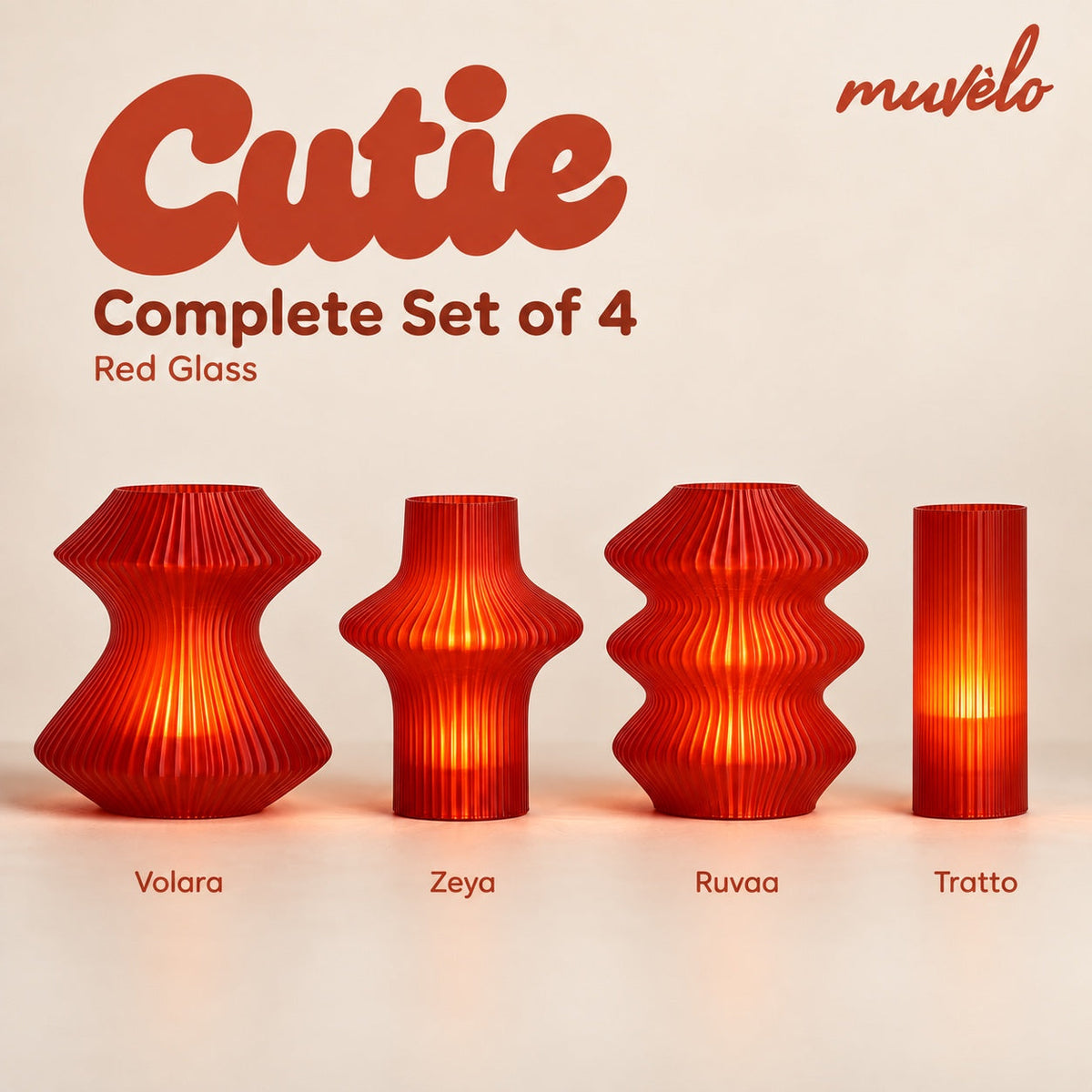 Muvèlo Cutie Complete Set of 4 in Red Glass: Volara, Zeya, Ruvaa and Tratto illuminated with warm LED tea lights.