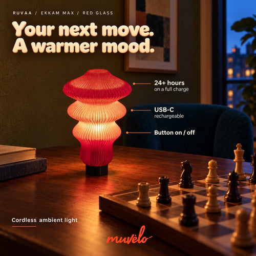 Muvèlo Ekkam Max Ruvaa Red Glass: 24+ hours on a full charge, USB-C rechargeable, button on/off and cordless ambient light in an evening setting.