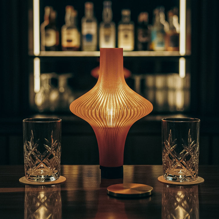 Decorative lamp on a bar counter with bottles in the background