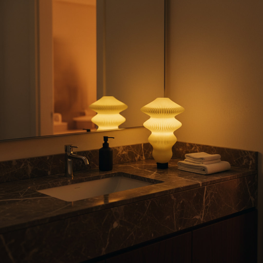 Bathroom vanity with a lit lamp, sink, and mirror reflecting the room.