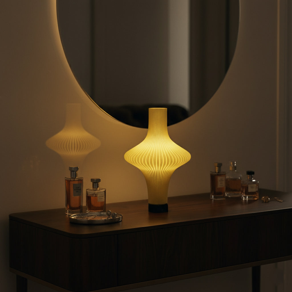 Decorative lamp on a table with bottles in a dimly lit room