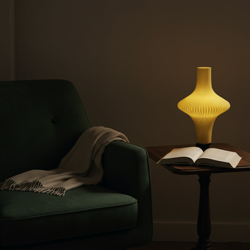 Dark room with a green armchair, open book, and yellow lamp.