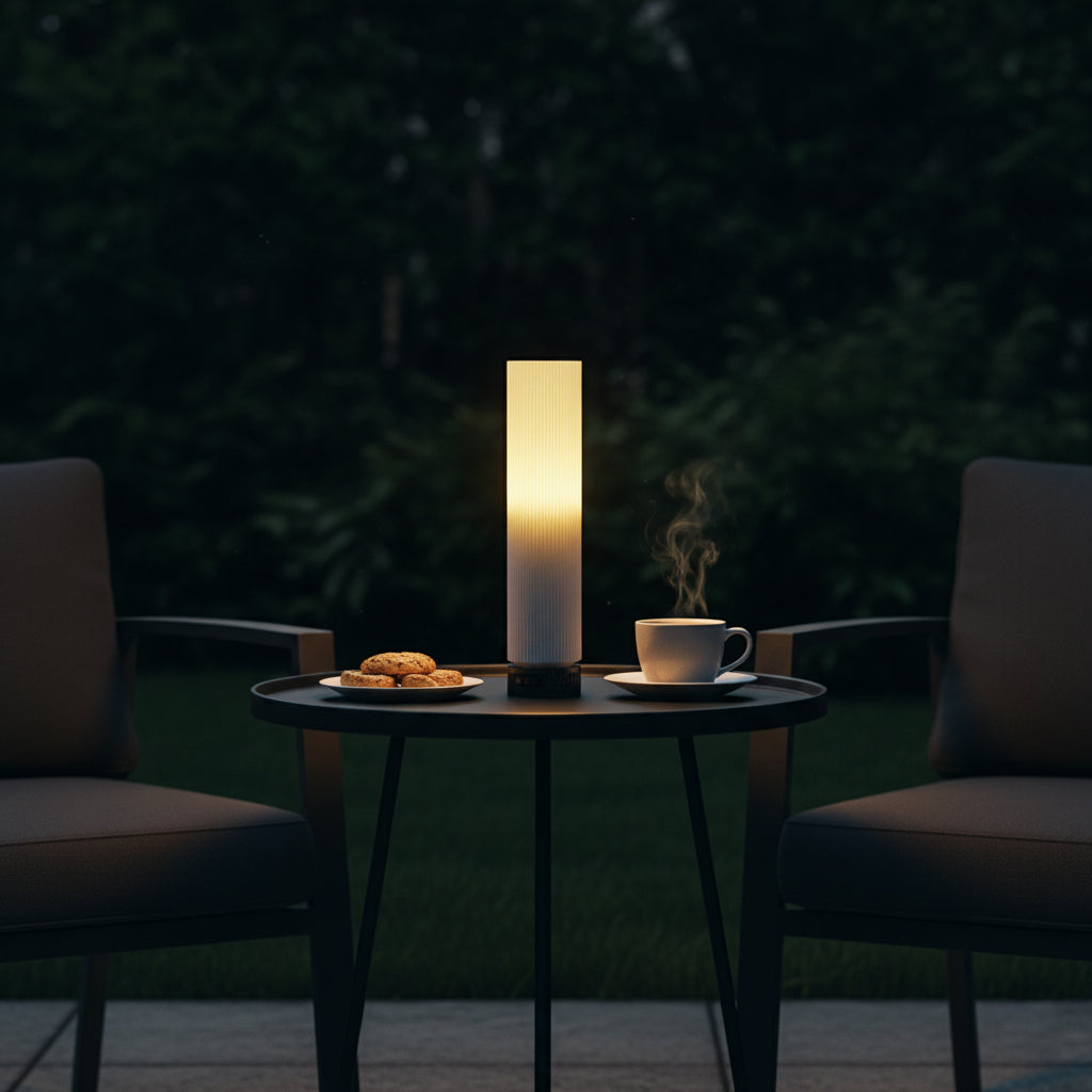 Candle on a table with a cup and cookies in a dark setting