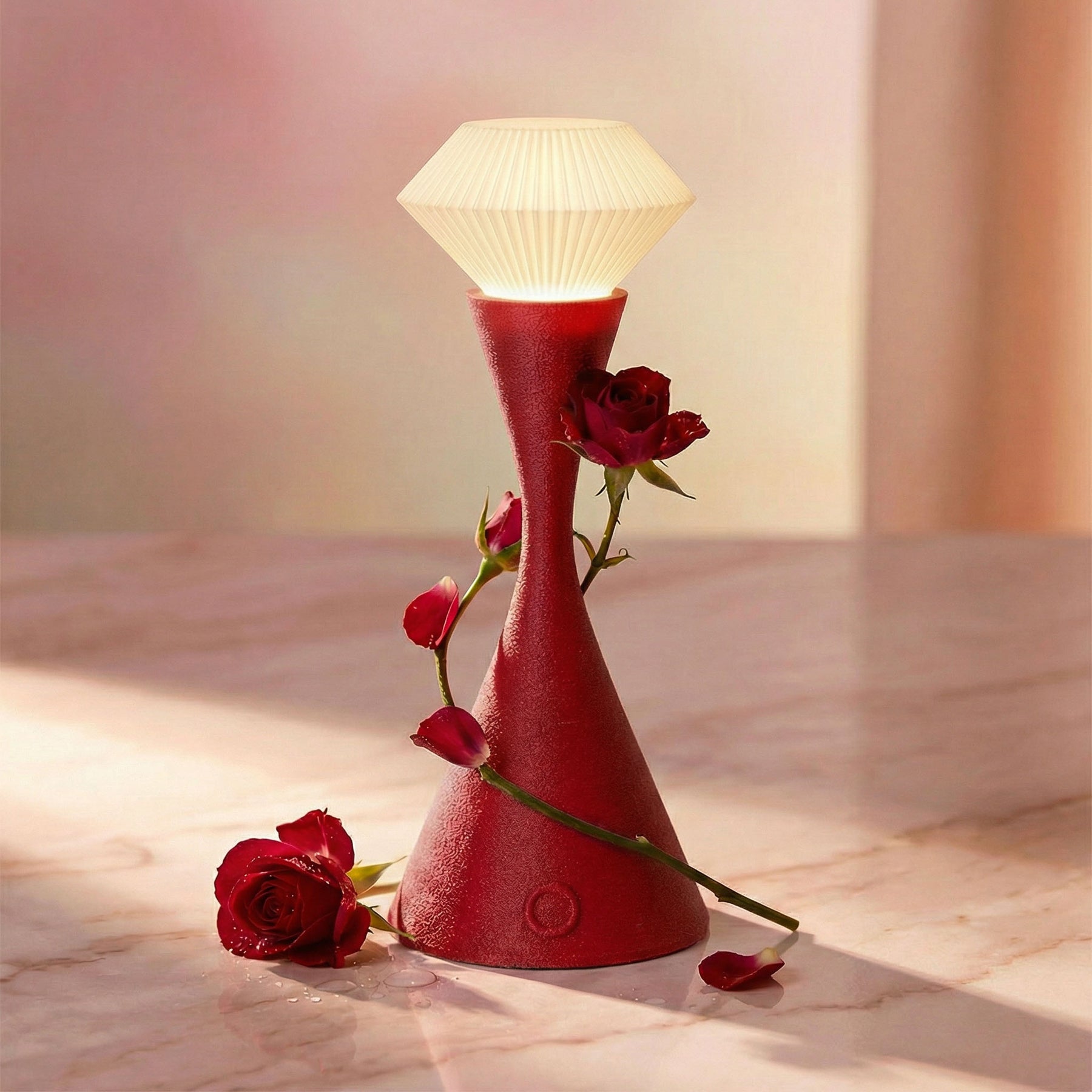 Red lamp with a white shade and red roses on a marble surface