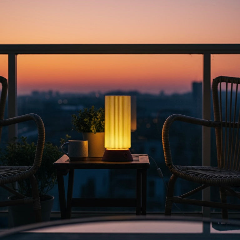 Lamp on a table with chairs and a sunset view