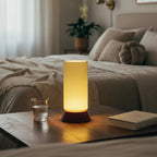 Lamp on a coffee table in a cozy living room with a couch and decor.