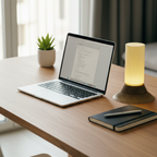 Laptop on a wooden desk with a notebook and lamp in a bright room.