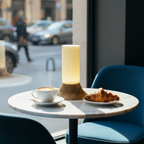 Café interior with a table set with a cup of coffee, plate of pastries, and a small lamp.