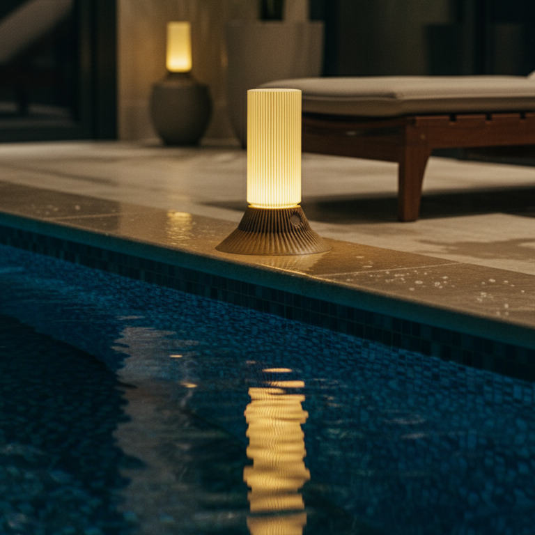 Poolside setting with a lit lantern and lounge chair in a dimly lit room.