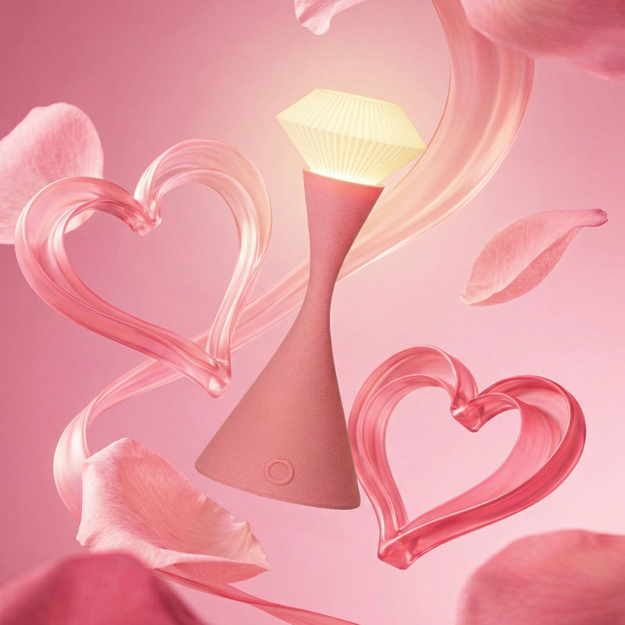 Pink lamp with heart designs and petal decorations on a pink background