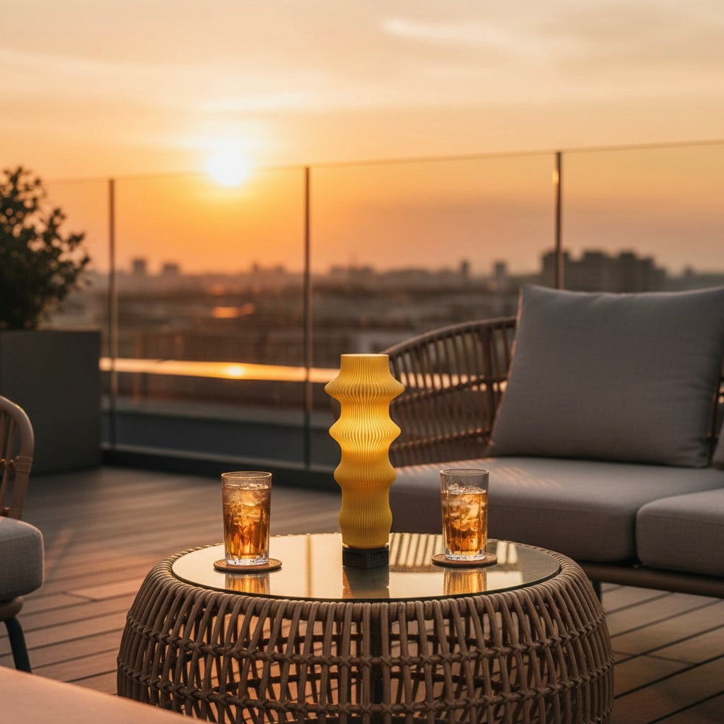 Outdoor setting with a table, glasses, and a lamp on a deck during sunset.