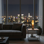 Modern living room with a cityscape view at night