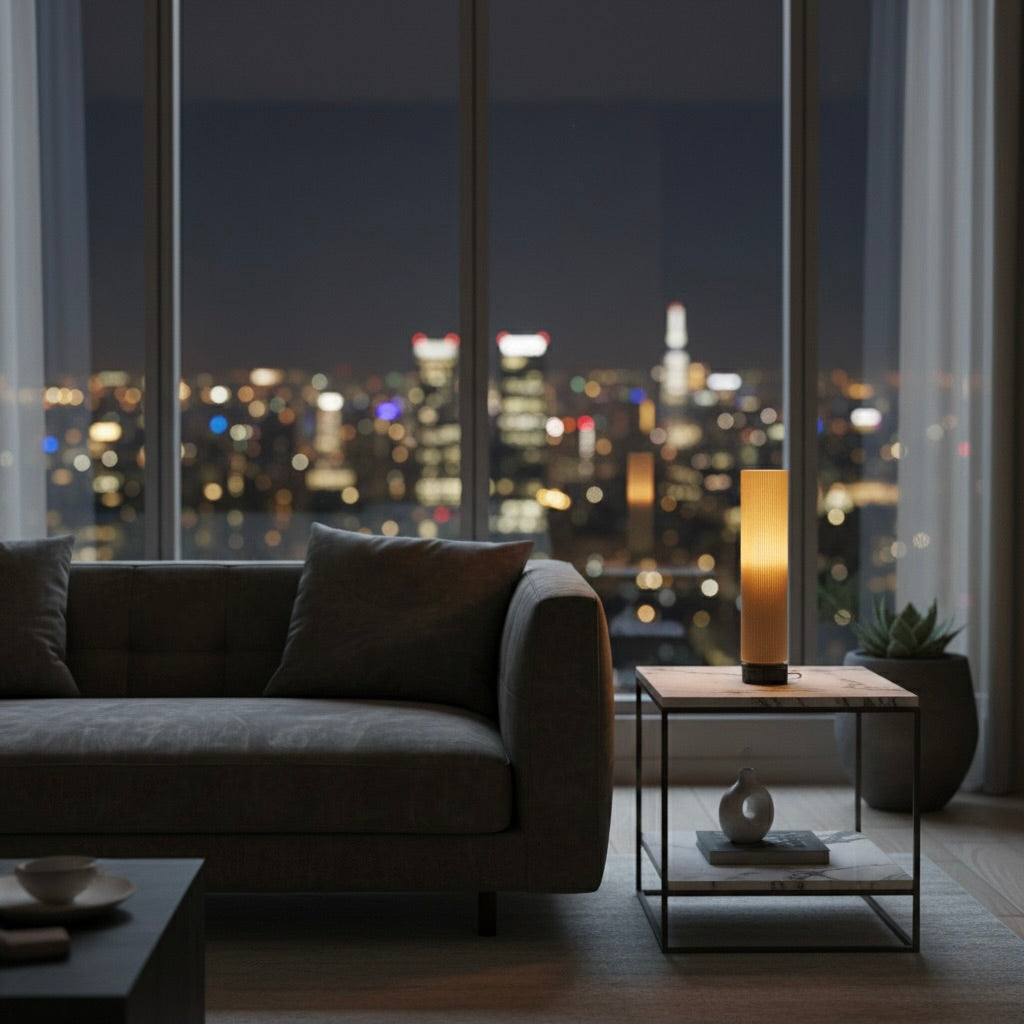 Modern living room with a cityscape view at night