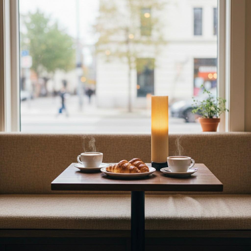 Two steaming cups of coffee with a plate of pastries on a small table in front of a window.